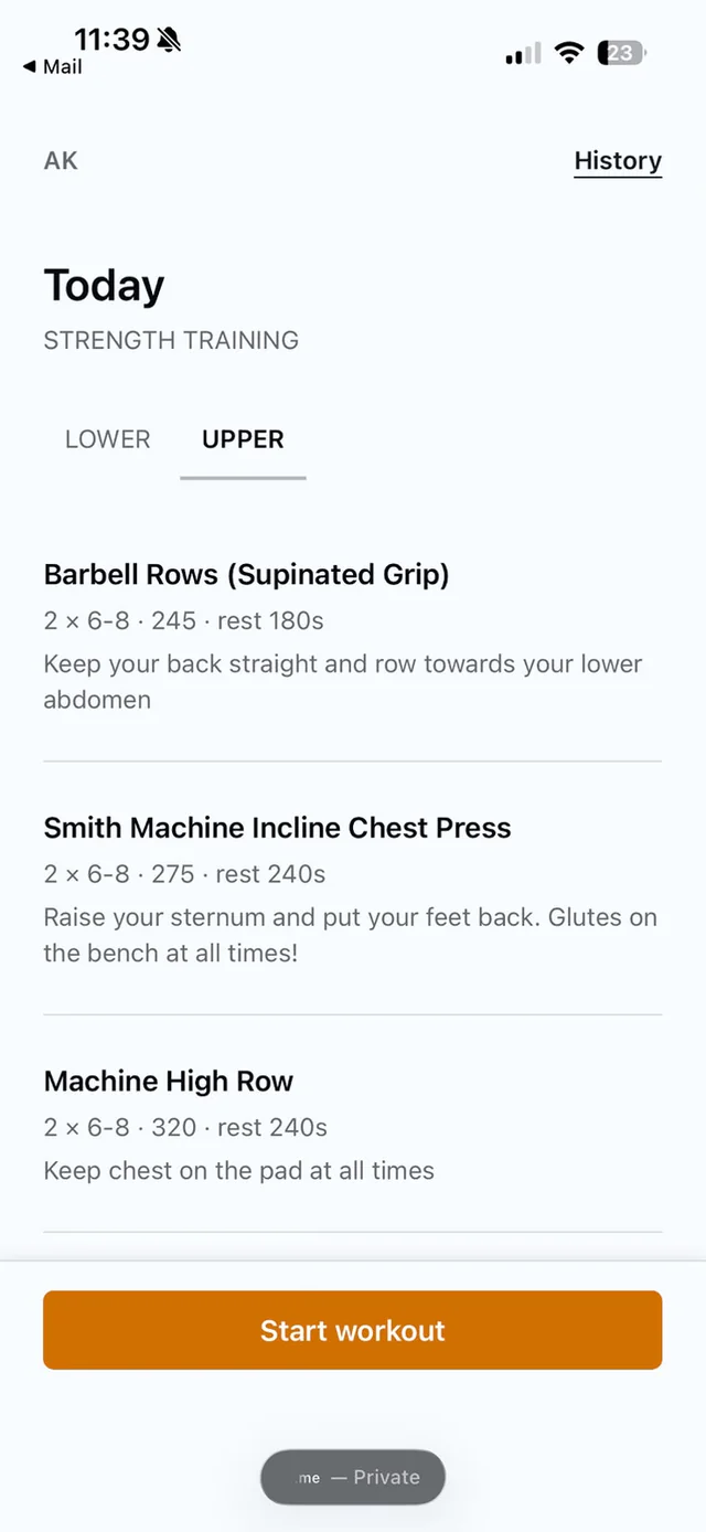 TrainerOS client view of today's Upper day with targets and cues