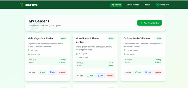 Plant Plotter My Gardens dashboard listing user-created gardens