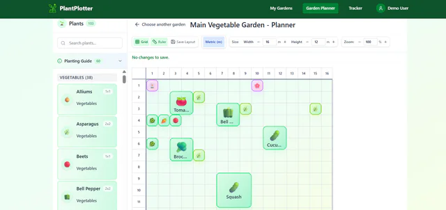 Plant Plotter visual planner with plants placed on a numbered garden grid