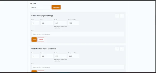 TrainerOS day editor with sets, reps, load and rest per exercise