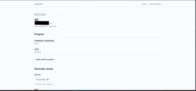 TrainerOS client detail page with programs and reminder settings